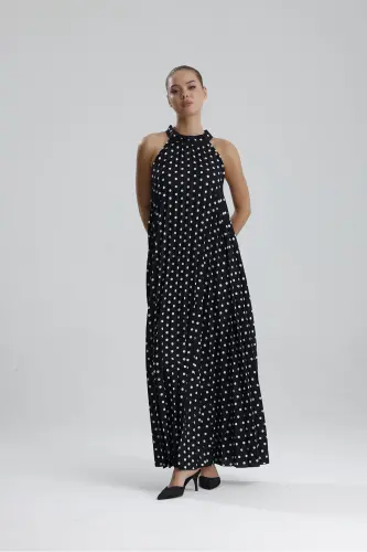 Boyundan Bağlamali Piliseli Kolsuz Saten Elbise | Elb34513 Siyah Puantiyeli-Siyah Puantiyeli - 3