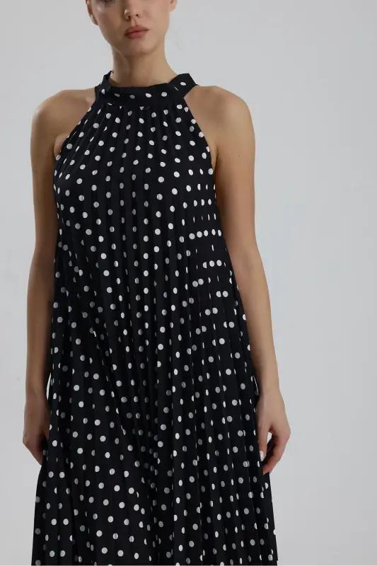 Boyundan Bağlamali Piliseli Kolsuz Saten Elbise | Elb34513 Siyah Puantiyeli-Siyah Puantiyeli - 4