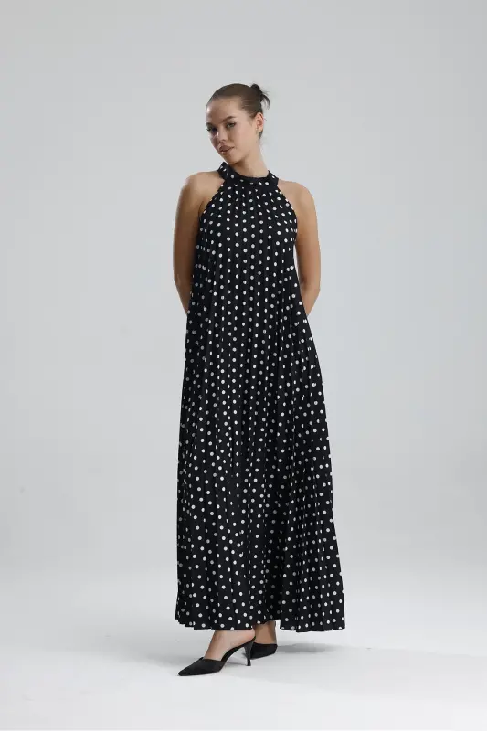 Boyundan Bağlamali Piliseli Kolsuz Saten Elbise | Elb34513 Siyah Puantiyeli-Siyah Puantiyeli - 7