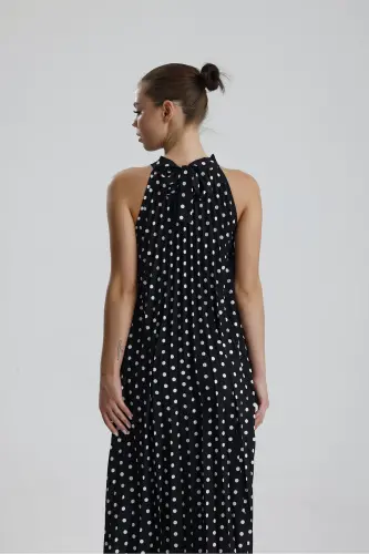 Boyundan Bağlamali Piliseli Kolsuz Saten Elbise | Elb34513 Siyah Puantiyeli-Siyah Puantiyeli - 6