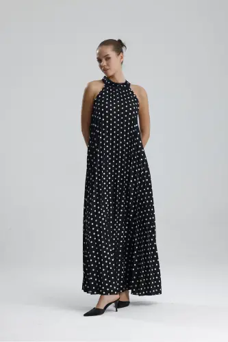 Boyundan Bağlamali Piliseli Kolsuz Saten Elbise | Elb34513 Siyah Puantiyeli-Siyah Puantiyeli - 7