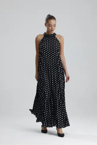Boyundan Bağlamali Piliseli Kolsuz Saten Elbise | Elb34513 Siyah Puantiyeli-Siyah Puantiyeli 