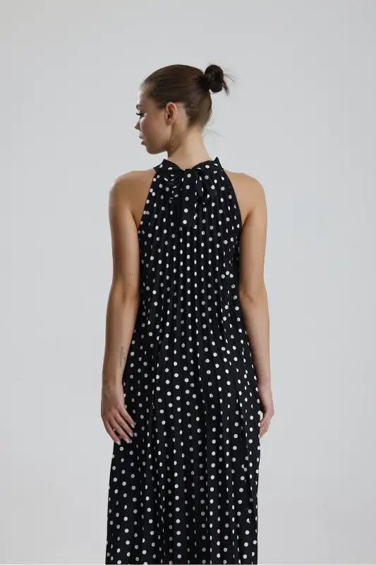 Boyundan Bağlamali Piliseli Kolsuz Saten Elbise | Elb34513 Siyah Puantiyeli-Siyah Puantiyeli - 6