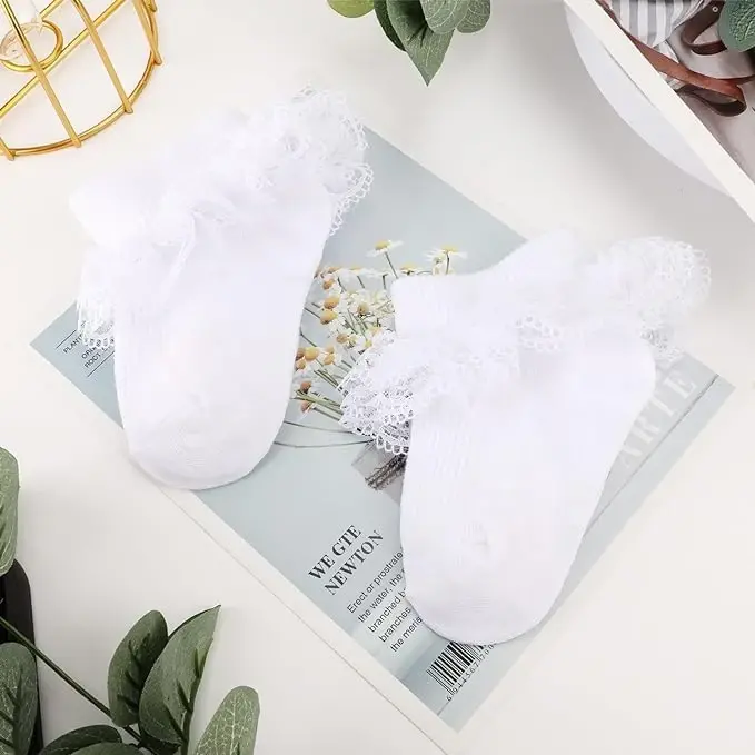BQUBO Baby Girls Paypoqlar Eyelet Ruffle Dantelli Paypoq Chaqaloq Paypoqlari Yangi tug'ilgan/Go'daklar/Yosh bolalar/Bolalar Frilly Yozgi Yupqa Libos Paypoq - 7