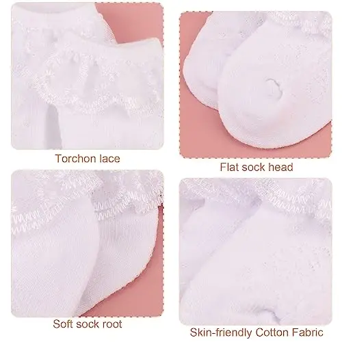BQUBO Baby Girls Socks Eyelet Ruffle Lace Sock Baby Socks Newborn/Infant/Toddlers/Kids Frilly Summer Thin Dress Sock - 4