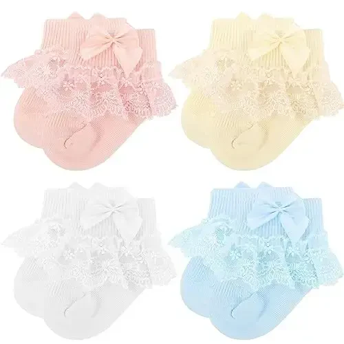 BQUBO Baby Girls Socks Eyelet Ruffle Lace Sock Baby Socks Newborn/Infant/Toddlers/Kids Frilly Summer Thin Dress Sock - MODAZONE