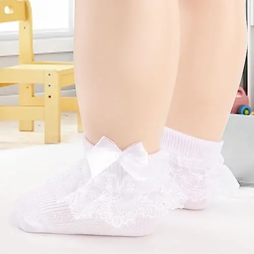 BQUBO Baby Girls Socks Eyelet Ruffle Lace Sock Baby Socks Newborn/Infant/Toddlers/Kids Frilly Summer Thin Dress Sock - 5