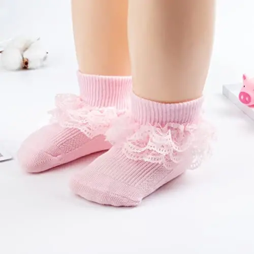 BQUBO Baby Girls Socks Eyelet Ruffle Lace Sock Baby Socks Newborn/Infant/Toddlers/Kids Frilly Summer Thin Dress Sock - 6
