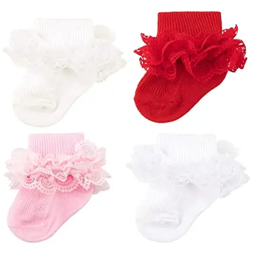 BQUBO Baby Girls Socks Eyelet Ruffle Lace Sock Newborn/Infant/Toddlers/Kids Frilly Dress Sock for Baby Girl - 1
