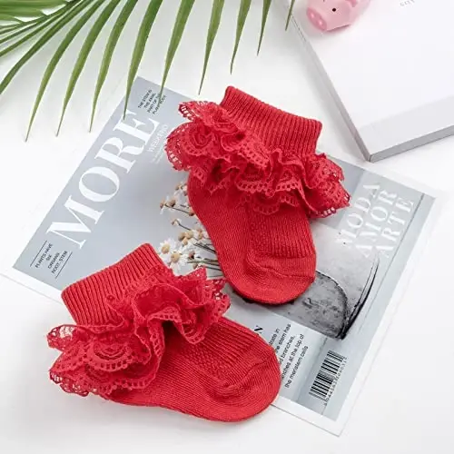 BQUBO Baby Girls Socks Eyelet Ruffle Lace Sock Newborn/Infant/Toddlers/Kids Frilly Dress Sock for Baby Girl - 3