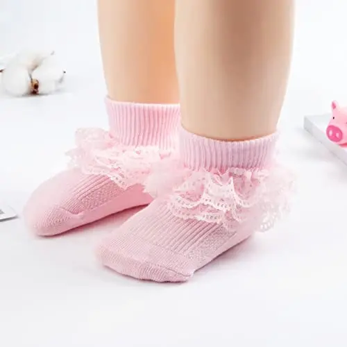 BQUBO Baby Girls Socks Eyelet Ruffle Lace Sock Newborn/Infant/Toddlers/Kids Frilly Dress Sock for Baby Girl - 6