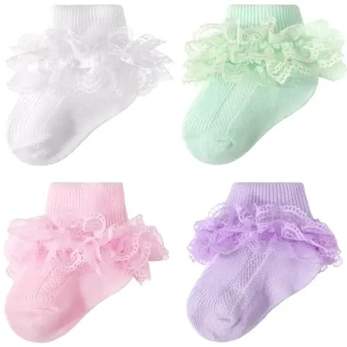 BQUBO Baby Girls Socks Eyelet Ruffle Lace Sock Newborn/Infant/Toddlers/Kids Frilly Dress Sock for Baby Girl 