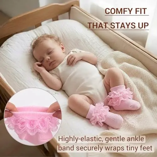 BQUBO Baby Girls Socks Eyelet Ruffle Lace Sock Newborn/Infant/Toddlers/Kids Frilly Dress Sock for Baby Girl - 4
