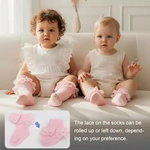 BQUBO Baby Girls Socks Eyelet Ruffle Lace Sock Newborn/Infant/Toddlers/Kids Frilly Dress Sock for Baby Girl - 5