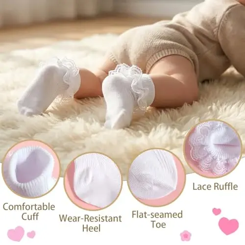 BQUBO Baby Girls Socks Eyelet Ruffle Lace Sock Newborn/Infant/Toddlers/Kids Frilly Dress Sock for Baby Girl - 6