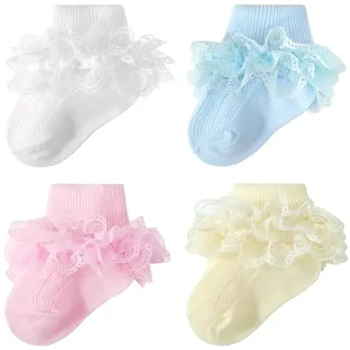 BQUBO Baby Girls Socks Eyelet Ruffle Lace Sock Newborn/Infant/Toddlers/Kids Frilly Dress Sock for Baby Girl - 1