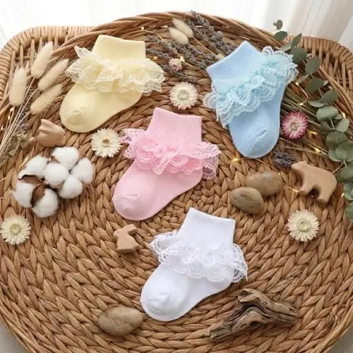 BQUBO Baby Girls Socks Eyelet Ruffle Lace Sock Newborn/Infant/Toddlers/Kids Frilly Dress Sock for Baby Girl - 3