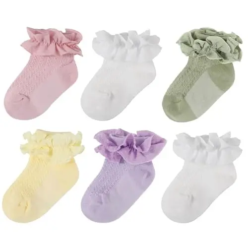 BQUBO Baby Girls Socks Eyelet Ruffle Lace Sock Newborn/Infant/Toddlers/Kids Frilly Dress Sock for Baby Girl - BQUBO