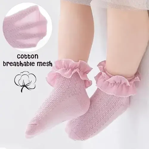 BQUBO Baby Girls Socks Eyelet Ruffle Lace Sock Newborn/Infant/Toddlers/Kids Frilly Dress Sock for Baby Girl - 3