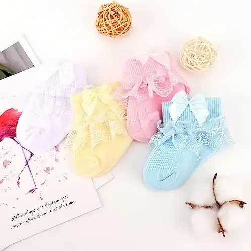 BQUBO Baby Girls Socks Eyelet Ruffle Lace Sock Baby Socks Newborn/Infant/Toddlers/Kids Frilly Summer Thin Dress Sock - 7