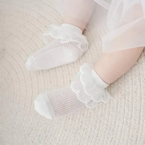 BQUBO Baby Girls Socks Eyelet Ruffle Lace Sock Baby Socks Newborn/Infant/Toddlers/Kids Frilly Summer Thin Dress Sock - 2