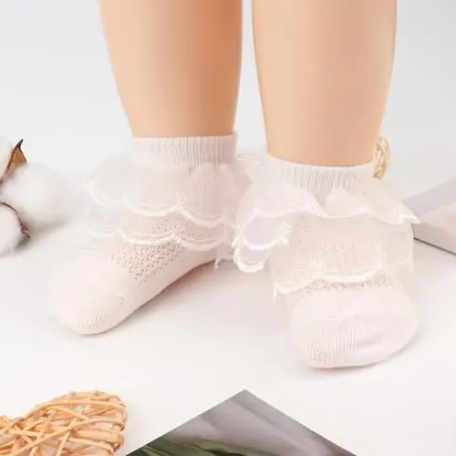 BQUBO Baby Girls Socks Eyelet Ruffle Lace Sock Baby Socks Newborn/Infant/Toddlers/Kids Frilly Summer Thin Dress Sock - 4