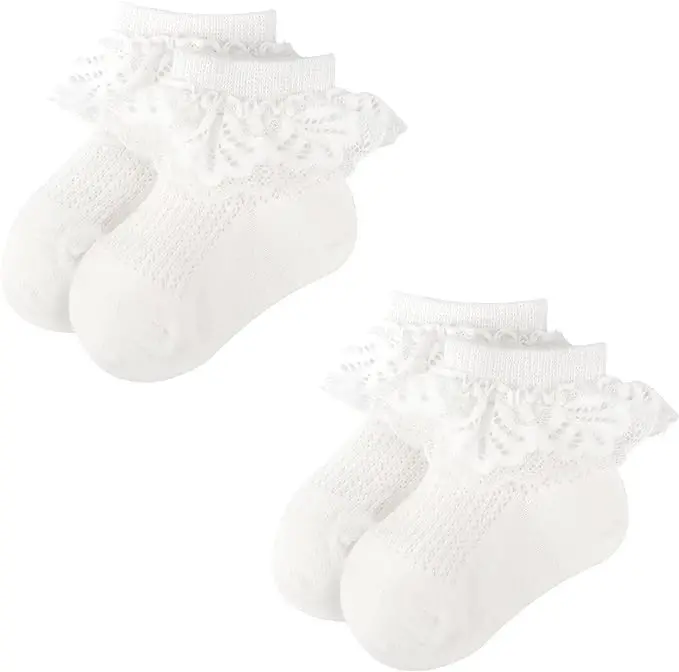 BQUBO Baby Girls Socks Eyelet Ruffle Lace Sock Newborn/Infant/Toddlers/Kids Frilly Dress Sock for Baby Girl - 1