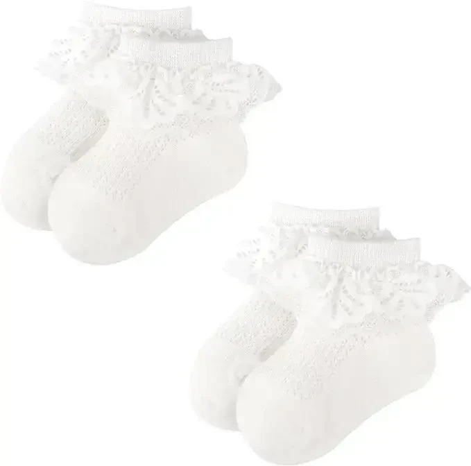 BQUBO Baby Girls Socks Eyelet Ruffle Lace Sock Baby Socks Newborn/Infant/Toddlers/Kids Frilly Summer Thin Dress Sock - 1