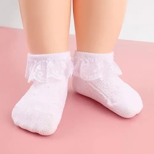 BQUBO Baby Girls Socks Eyelet Ruffle Lace Sock Newborn/Infant/Toddlers/Kids Frilly Dress Sock for Baby Girl - 6