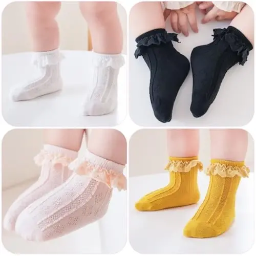 BQUBO Baby Girls Socks Eyelet Ruffle Lace Sock Newborn/Infant/Toddlers/Kids Frilly Dress Sock for Baby Girl - 6