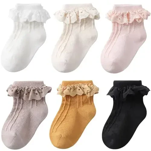BQUBO Baby Girls Socks Eyelet Ruffle Lace Sock Newborn/Infant/Toddlers/Kids Frilly Dress Sock for Baby Girl - BQUBO