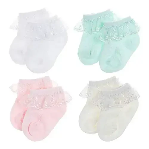 BQUBO Baby Girls Socks Eyelet Ruffle Lace Sock Baby Socks Newborn/Infant/Toddlers/Kids Frilly Summer Thin Dress Sock 