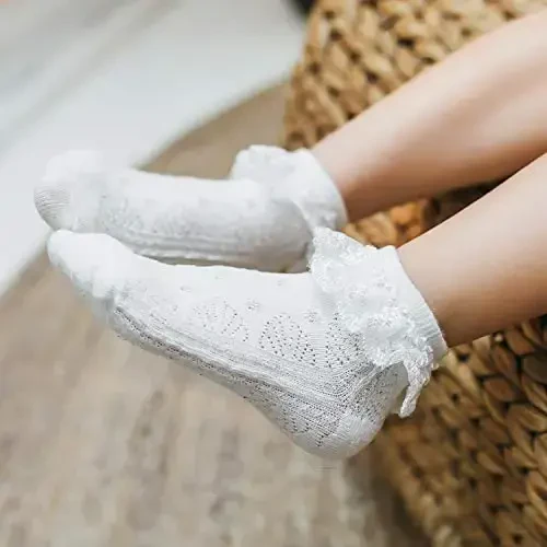 BQUBO Baby Girls Socks Eyelet Ruffle Lace Sock Baby Socks Newborn/Infant/Toddlers/Kids Frilly Summer Thin Dress Sock - 6