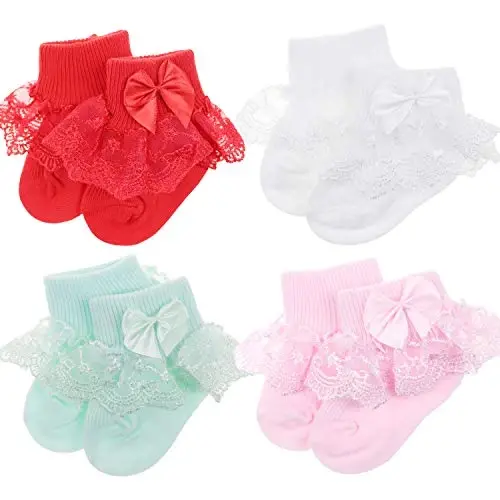 BQUBO Baby Girls Socks Eyelet Ruffle Lace Sock Newborn/Infant/Toddlers/Kids Frilly Dress Sock for Baby Girl 