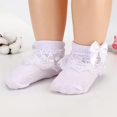 BQUBO Baby Girls Socks Eyelet Ruffle Lace Sock Newborn/Infant/Toddlers/Kids Frilly Dress Sock for Baby Girl - 3