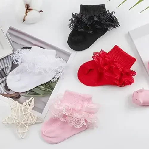 BQUBO Baby Girls Socks Eyelet Ruffle Lace Sock Baby Socks Newborn/Infant/Toddlers/Kids Frilly Summer Thin Dress Sock - 7