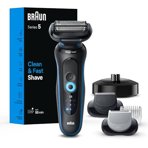 Braun Electric Shaver for Men, Series 5 5150cs, Wet & Dry Shave, Turbo Shaving Mode, Foil Shaver, with Beard Trimmer, Body Groomer and Charging Stand, Blue - 1