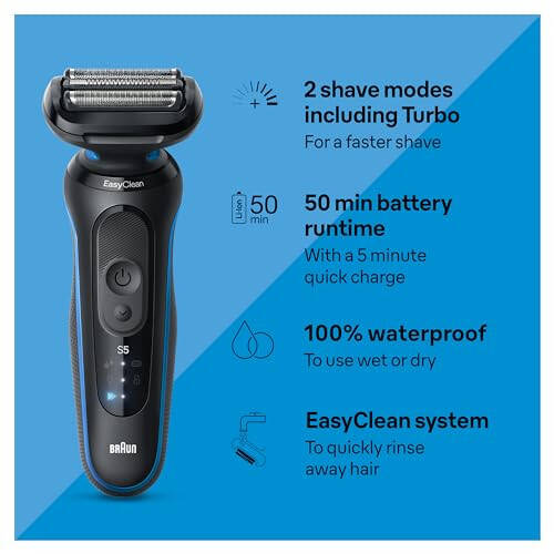 Braun Electric Shaver for Men, Series 5 5150cs, Wet & Dry Shave, Turbo Shaving Mode, Foil Shaver, with Beard Trimmer, Body Groomer and Charging Stand, Blue - 7