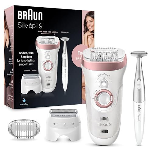 Braun Silk-épil 9 9-890, Ayollar uchun yuz sochlarini olib tashlash, Soch olib tashlash qurilmasi, Bikini trimmeri, Ayollar uchun ho'l va quruq qirqish, Simsiz va 7 qo'shimcha - 1