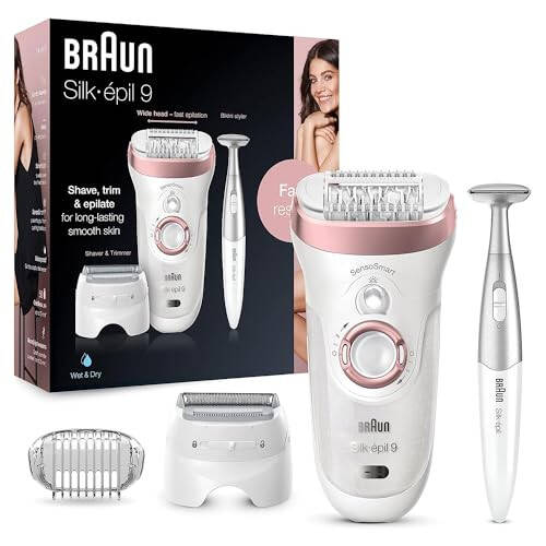 Braun Silk-épil 9 9-890, Ayollar uchun yuz sochlarini olib tashlash, Soch olib tashlash qurilmasi, Bikini trimmeri, Ayollar uchun ho'l va quruq qirqish, Simsiz va 7 qo'shimcha - 1