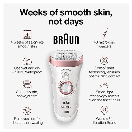 Braun Silk-épil 9 9-890, Facial Hair Removal for Women, Hair Removal Device, Bikini Trimmer, Womens Shaver Wet & Dry, Cordless and 7 Extras - 3