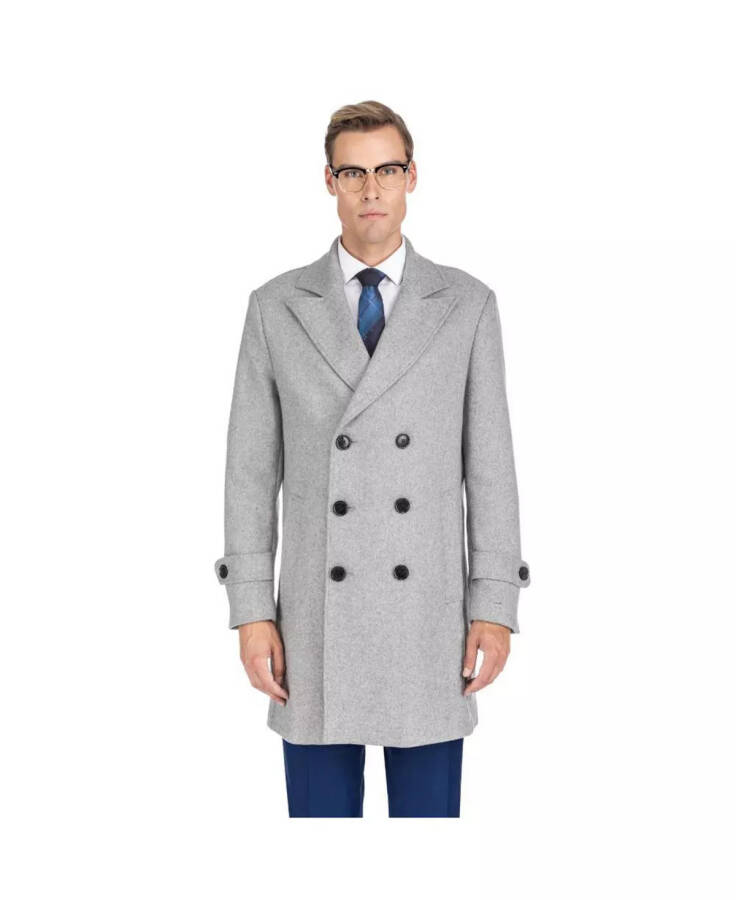 Brave man Men's Double Breasted Pea Coat Wool Blend Dress Pea coat Light grey - 1