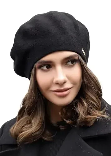 Braxton Black Beret - Warm Lined Wool Angora Knit Berets - French Paris Hat for Women 