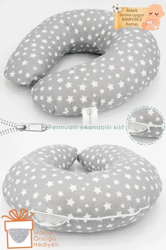 Breastfeeding Pillow / Baby Support Pillow, Pregnancy Pillow, Gift with Bib, Stars Series, Gray - MORDESIGN