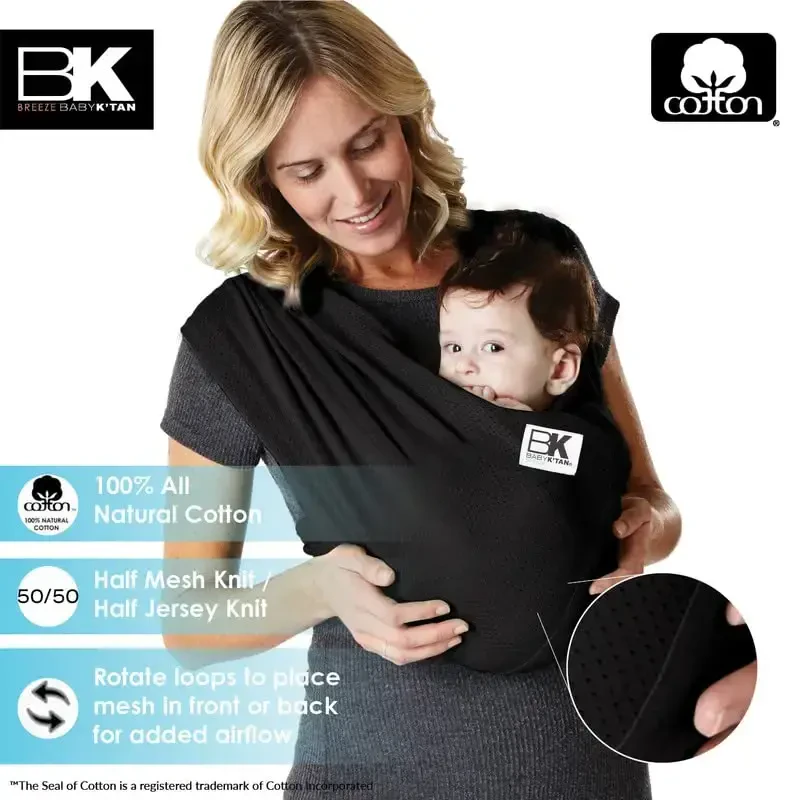 Breeze Baby K'dan Baby Carrier, #1 Easy Pre-Wrapped Baby Sling Sovg'asi | Nafas oladigan 100% paxta to'ri | Go'daklar uchun qo'llarsiz o'rash | Halqalar yoki tokalar yo'q | Qora | O'rta - 5
