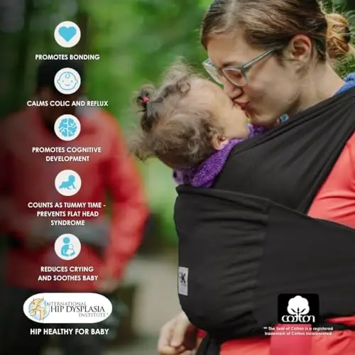 Breeze Baby K'dan Baby Carrier, #1 Easy Pre-Wrapped Baby Sling Sovg'asi | Nafas oladigan 100% paxta to'ri | Go'daklar uchun qo'llarsiz o'rash | Halqalar yoki tokalar yo'q | Qora | O'rta - 4