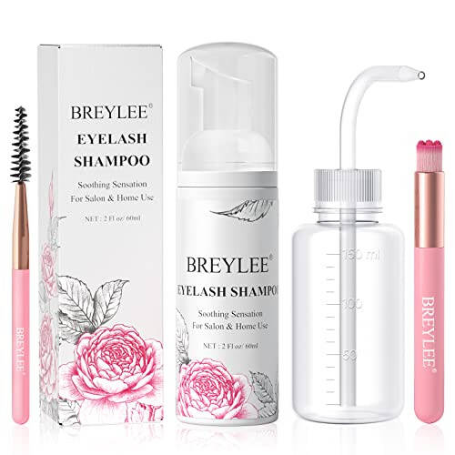 BREYLEE Shampoo for Lash Extensions, 60ml+Rinse Bottle+Brushes, Eyelash Extension Cleanser, Lash Wash Bath, Lash Cleaner for Makeup Cleansing Foams, Paraben & Sulfate Free for Salon and Home Use - 1