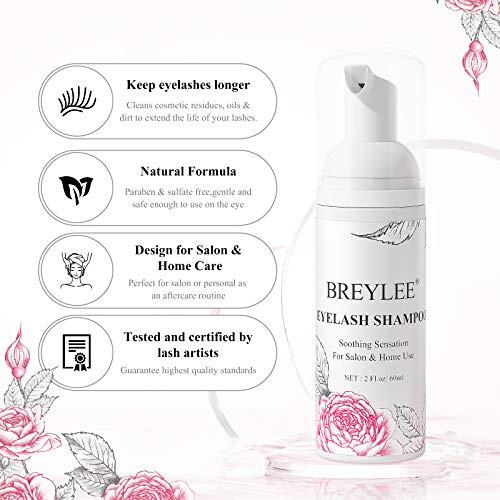 BREYLEE Shampoo for Lash Extensions, 60ml+Rinse Bottle+Brushes, Eyelash Extension Cleanser, Lash Wash Bath, Lash Cleaner for Makeup Cleansing Foams, Paraben & Sulfate Free for Salon and Home Use - 7