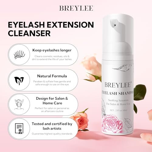 BREYLEE Shampoo for Lash Extensions, 60ml+Rinse Bottle+Brushes, Eyelash Extension Cleanser, Lash Wash Bath, Lash Cleaner for Makeup Cleansing Foams, Paraben & Sulfate Free for Salon and Home Use - 2