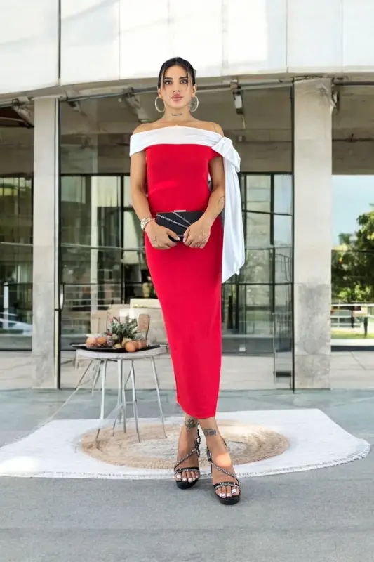 Brıanna Çift Renk Kemerli Midi Ko'ylak-qizil - 2